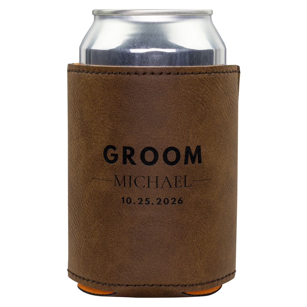 Personalized Groomsmen Gift – Engraved Leatherette Can Cooler Wedding Keepsake