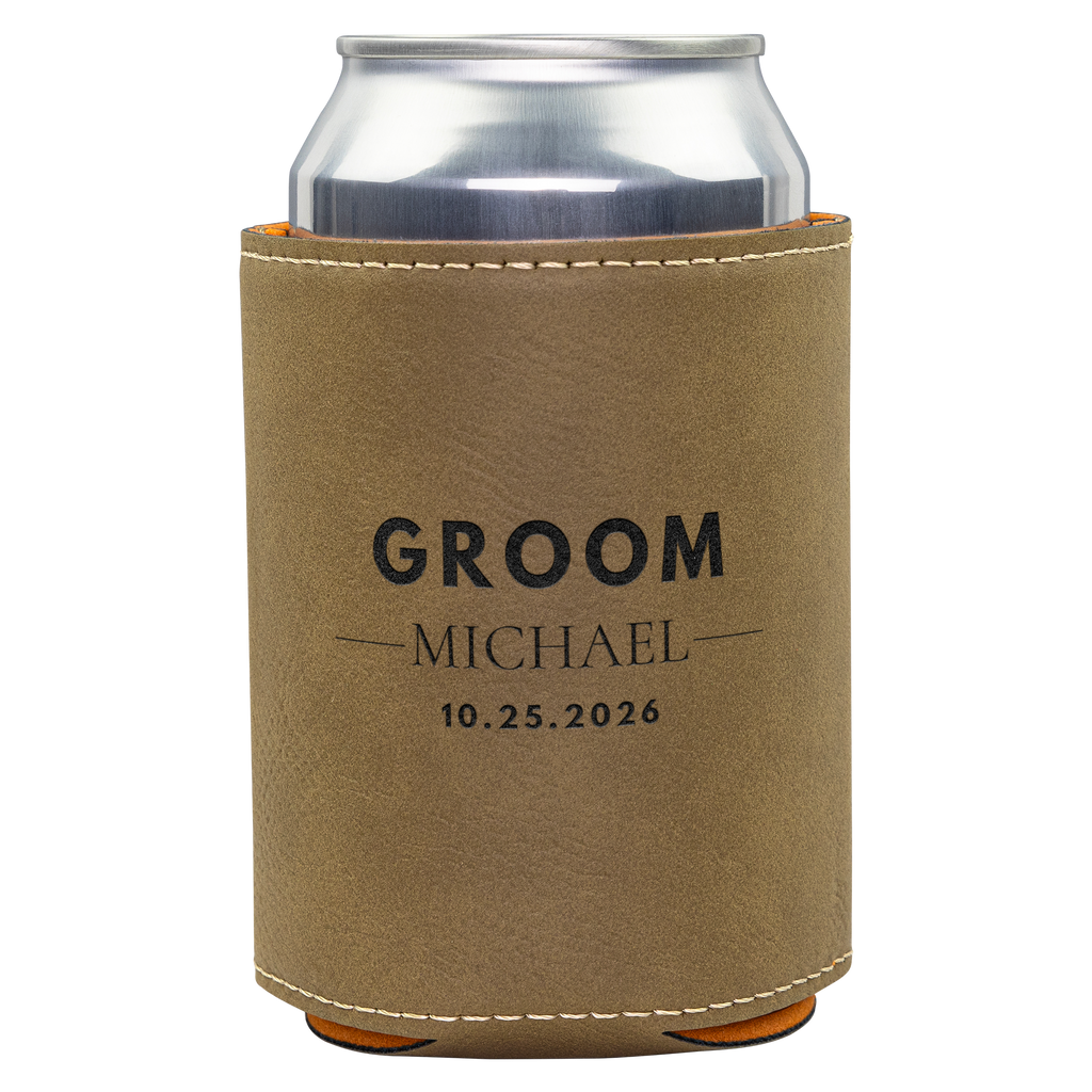 Wedding Party Keepsake Personalized Groomsmen Gift Custom Engraved Leatherette Can Cooler Best Man Present Bachelor Party Favor Laser Engraved Name Initials Wedding Date Practical Gift Idea Drink Holder Essential Cold Beverage Accessory Rustic
