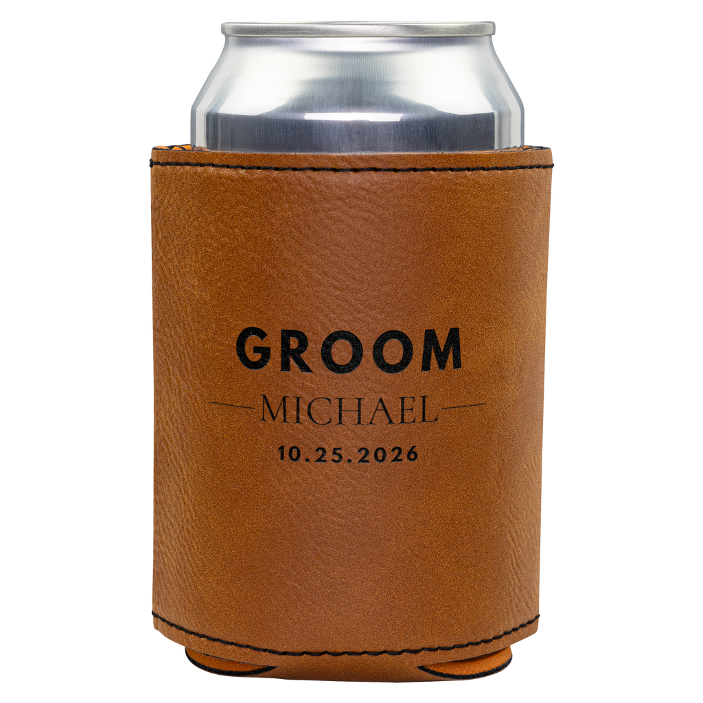 Custom Engraved Leatherette Can Cooler Personalized Groomsmen Gift Wedding Party Keepsake Best Man Present Bachelor Party Favor Laser Engraved Name Initials Wedding Date Practical Gift Idea Drink Holder Essential Rustic Wedding Style Cold