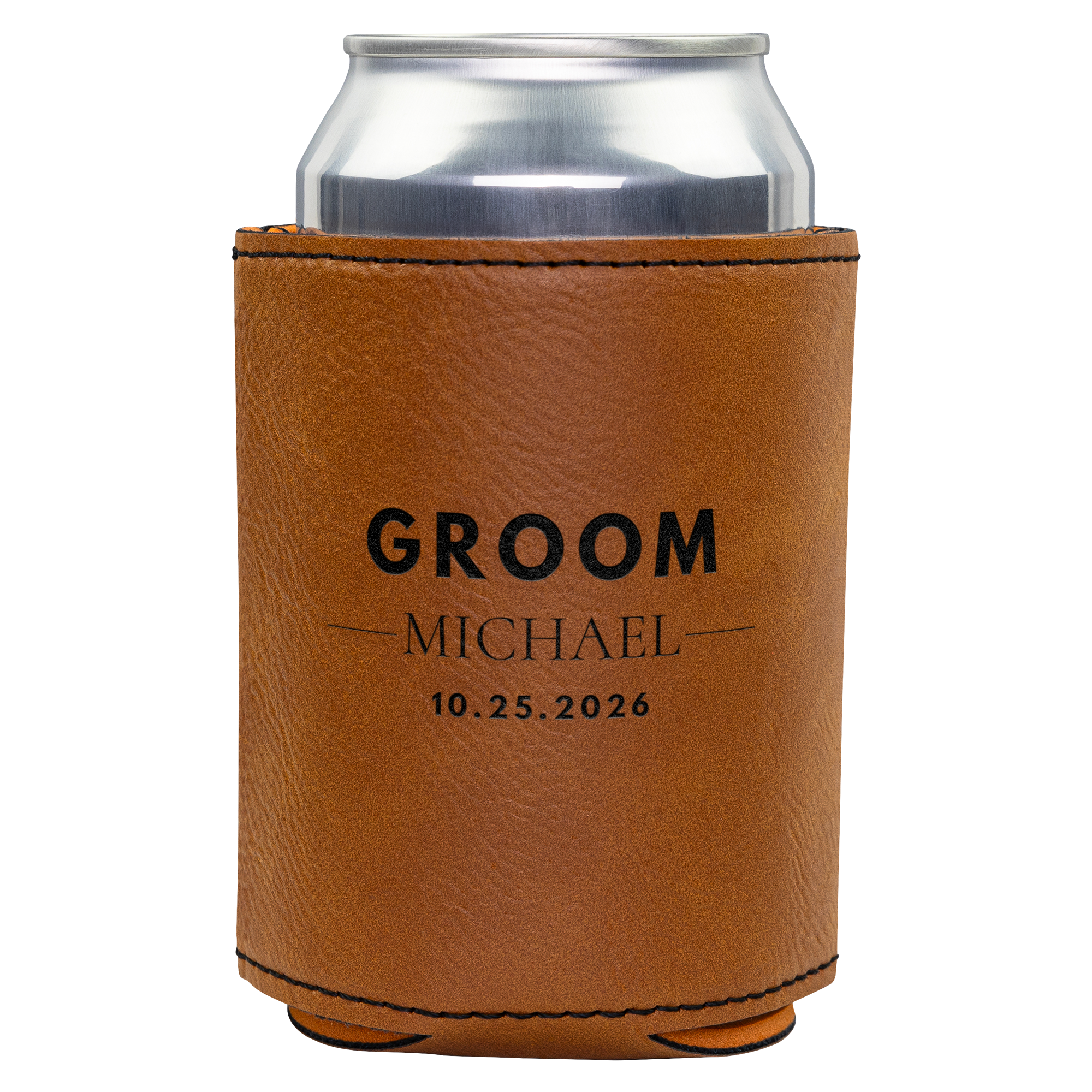 Custom Engraved Leatherette Can Cooler Personalized Groomsmen Gift Wedding Party Keepsake Best Man Present Bachelor Party Favor Laser Engraved Name Initials Wedding Date Practical Gift Idea Drink Holder Essential Rustic Wedding Style Cold