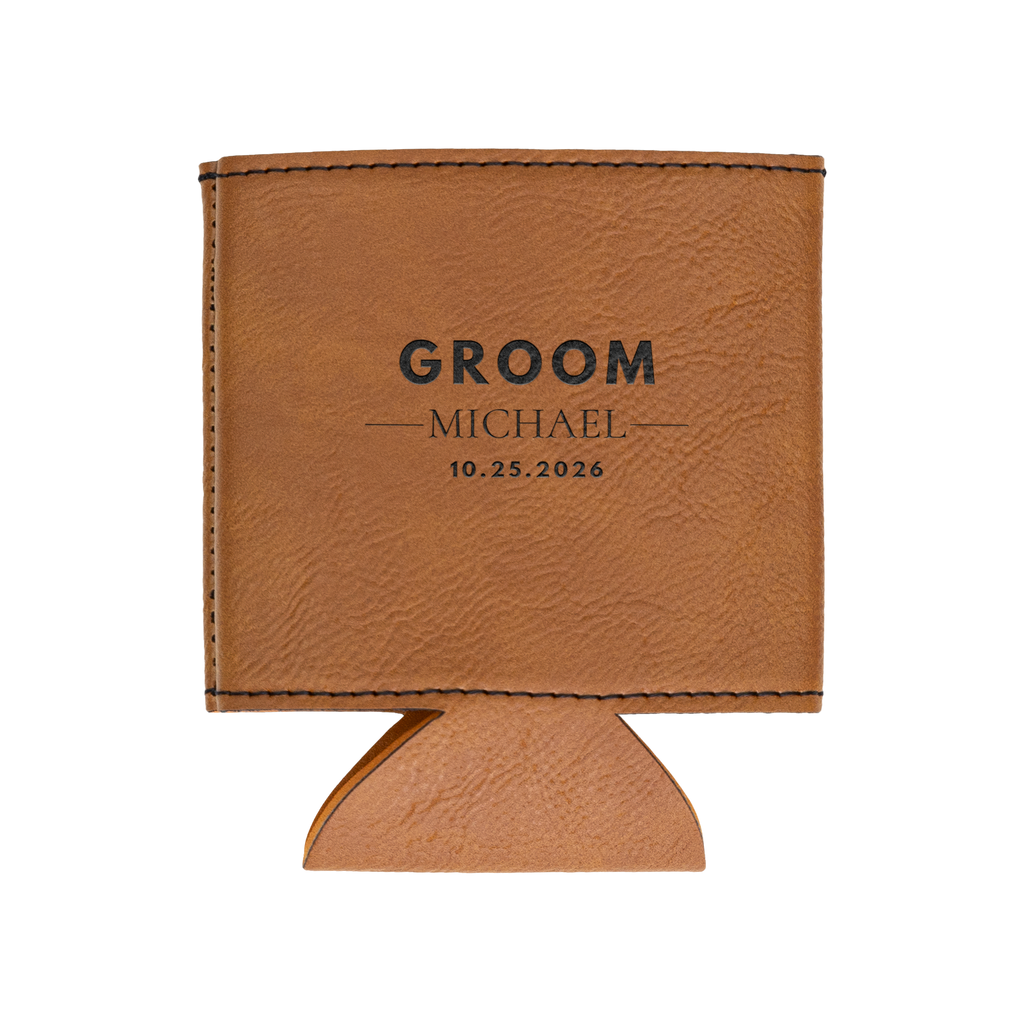 Personalized Groomsmen Gift Engraved Leatherette Can Cooler Custom Wedding Party Present Best Man Bachelor Party Favor Laser Engraved Name Initials Date Practical Keepsake Drink Holder Celebration Essential Rustic Style Wedding Day Thank You