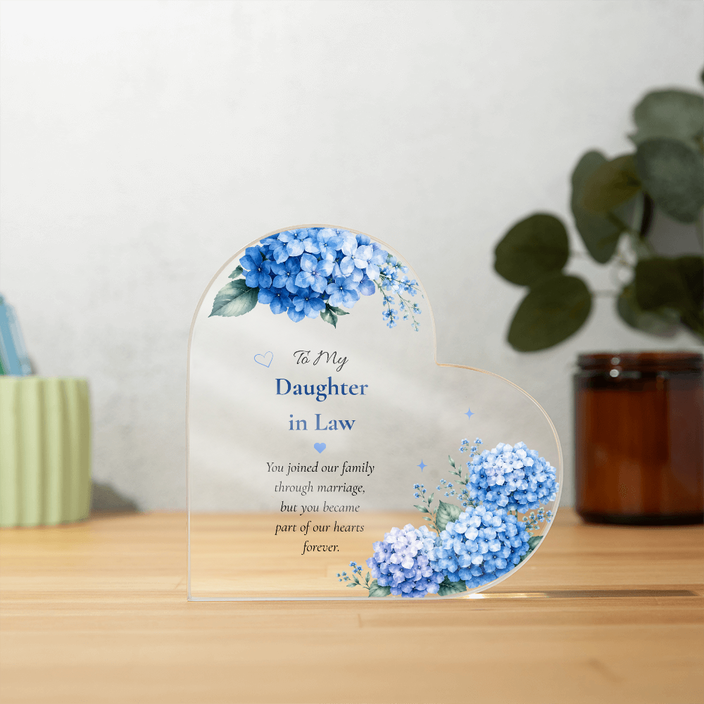 Blue Hydrangea Heart Acrylic Plaque Personalized Keepsake Gift for Daughter in Law