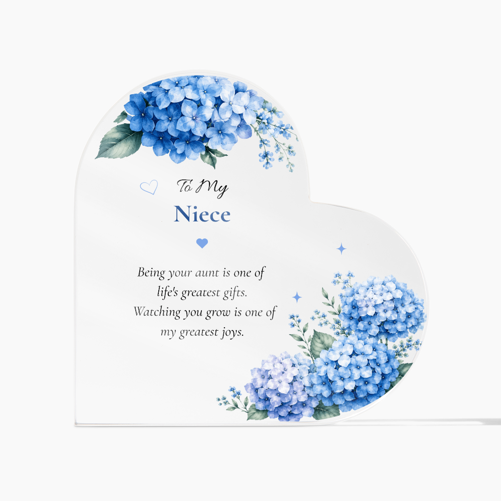 Niece Birthday Gift Aunt Keepsake Acrylic Plaque Blue Hydrangea Floral Heart Display Meaningful Memento Sentimental Tribute Family Relationship