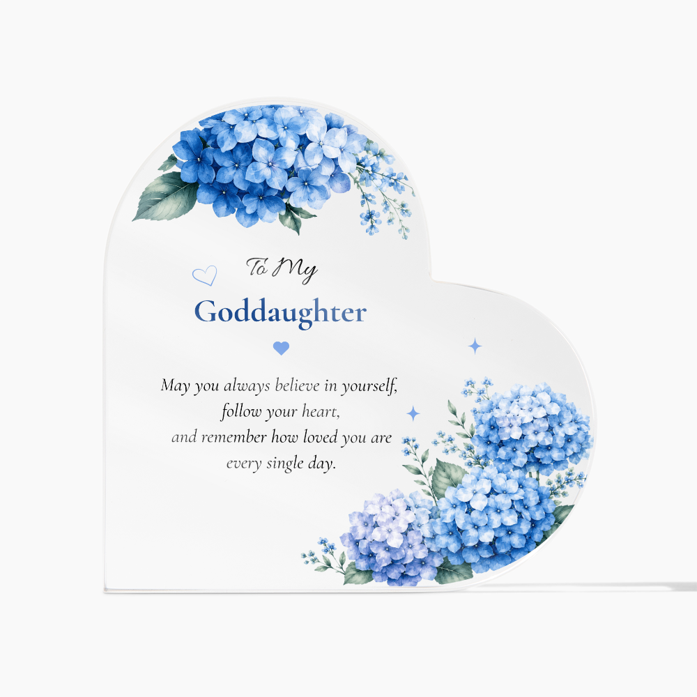 Goddaughter Birthday Gift Personalized Keepsake Heart Plaque Acrylic Block Blue Hydrangea Artwork Display Christening Memento Baptism