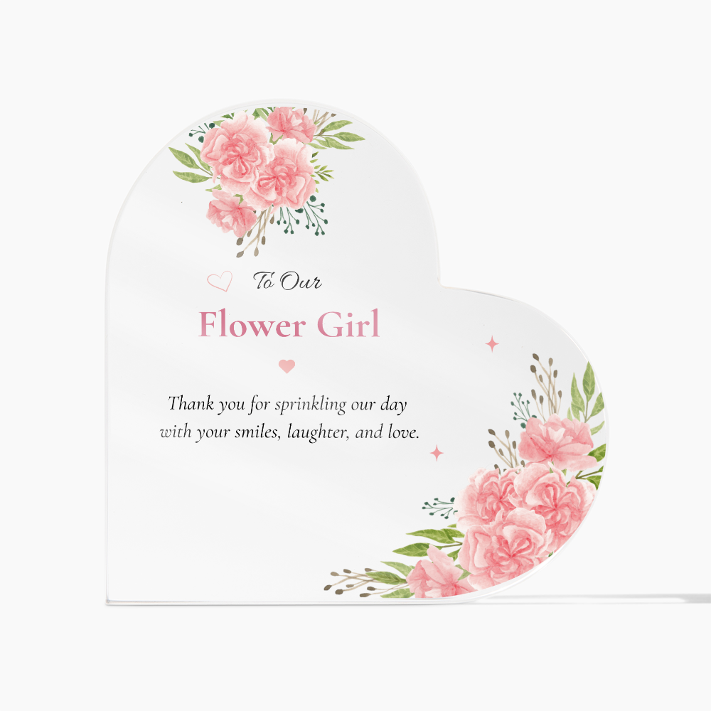 Flower Girl Gift Acrylic Plaque Heart Shaped Pink Floral Wedding Keepsake Thank You Bride Present Custom Printed Crystal Block Memento