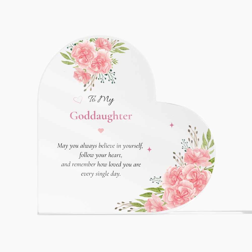 Goddaughter Birthday Gift Personalized Keepsake Heart Plaque Acrylic Block Pink Carnations Artwork Display Christening Memento Baptism