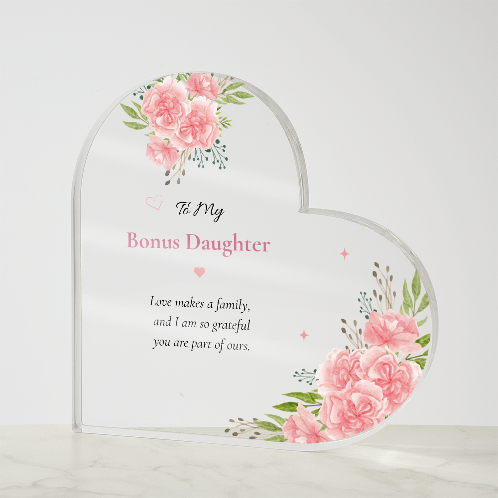 Bonus Daughter Gift Acrylic Plaque Stepdaughter Keepsake Present Blended Family Memento Floral Heart Appreciation