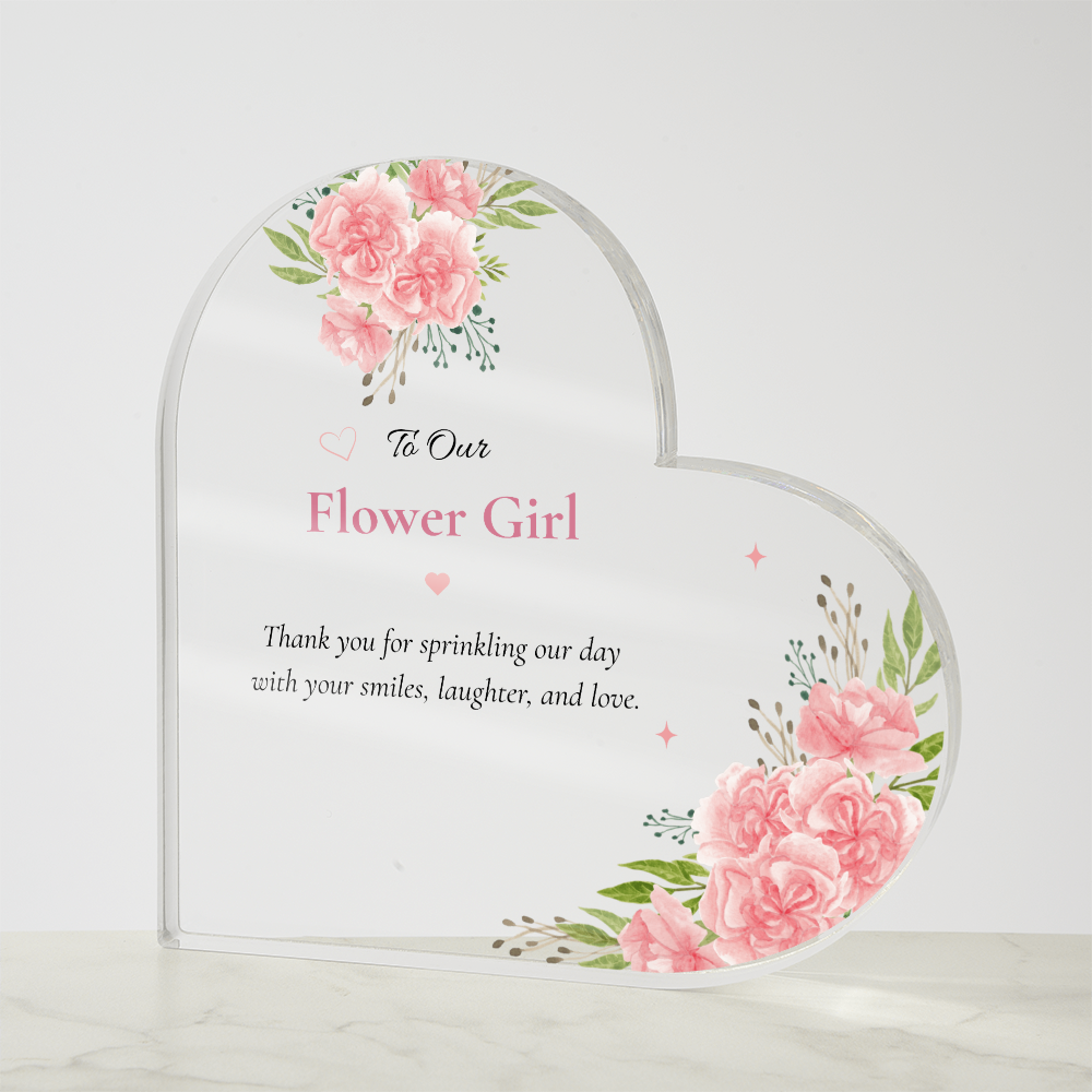 Flower Girl Gift Acrylic Plaque, Flower Girl Thank You Gift, Wedding Keepsake for Flower Girl, Pink Floral Heart Plaque, Gift from Bride and Groom