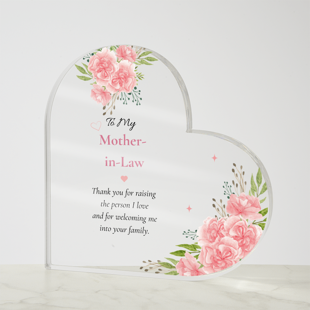 Mother in Law Gift Heart Acrylic Plaque Keepsake Wedding Parent Thank You Display Sentimental Family Pink Carnations
