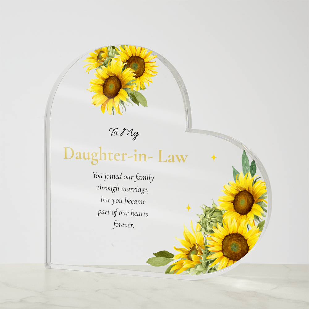 Daughter in Law Gift Personalized Keepsake Heart Plaque Acrylic Block Yellow Sunflower Artwork Present Wedding Treasure Sentimental Family Piece