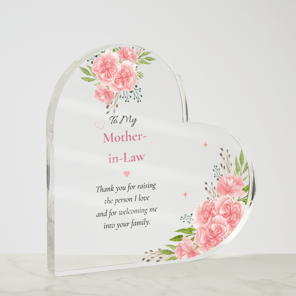Mother in Law Gift Heart Acrylic Plaque Keepsake Wedding Parent Thank You Display Sentimental Family Pink Carnations