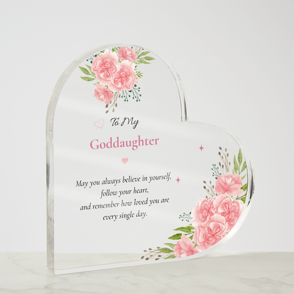 Goddaughter Birthday Gift Personalized Keepsake Heart Plaque Acrylic Block Pink Carnations Artwork Display Christening Memento Baptism