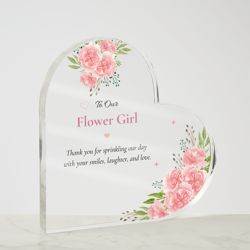 Flower Girl Gift Acrylic Plaque, Flower Girl Thank You Gift, Wedding Keepsake for Flower Girl, Pink Floral Heart Plaque, Gift from Bride and Groom