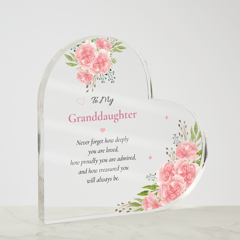 Granddaughter Gift Keepsake Acrylic Heart Plaque Floral Block Display Shelf Art Printed Design Sentimental Present Birthday Anniversary