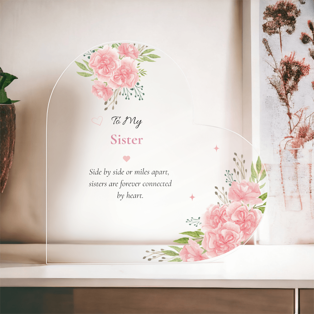Sister Birthday Gift Personalized Heart Plaque Acrylic Block Keepsake Pink Carnation Artwork Present Sentimental Family Tribute Treasure