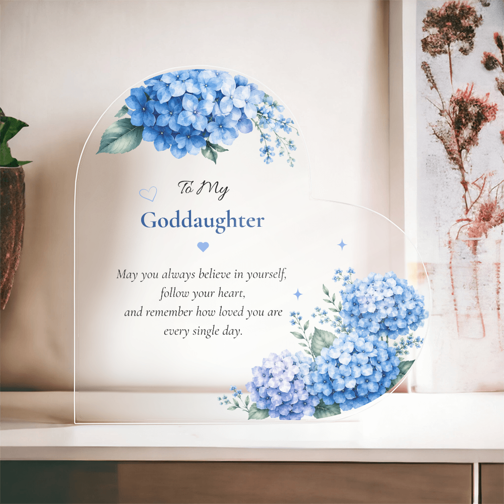 Goddaughter Gift Personalized Keepsake Heart Plaque Acrylic Block Blue Hydrangea Artwork Present Birthday Christening Treasure Sentimental Family Piece