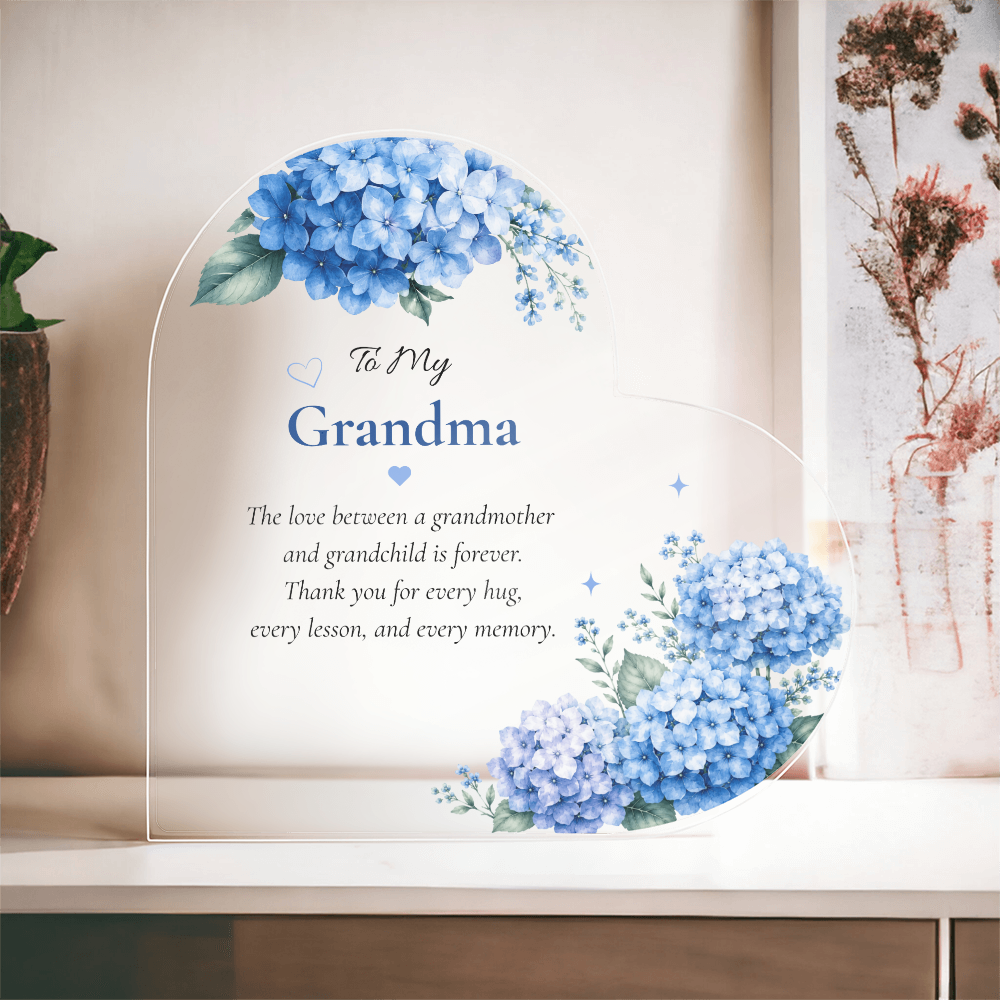 Grandma Acrylic Heart Plaque Gift for Grandma from Grandchild, Blue Hydrangea Keepsake, Personalized Grandma Gift, Mother's Day Gift for Grandma