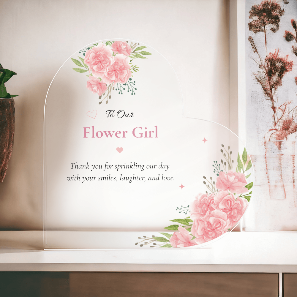 Flower Girl Gift Acrylic Plaque, Flower Girl Thank You Gift, Wedding Keepsake for Flower Girl, Pink Floral Heart Plaque, Gift from Bride and Groom