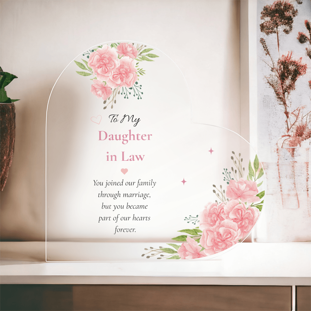 Daughter Law Gift Personalized Keepsake Heart Plaque Acrylic Block Pink Carnation Artwork Present Wedding Treasure Sentimental Family Piece