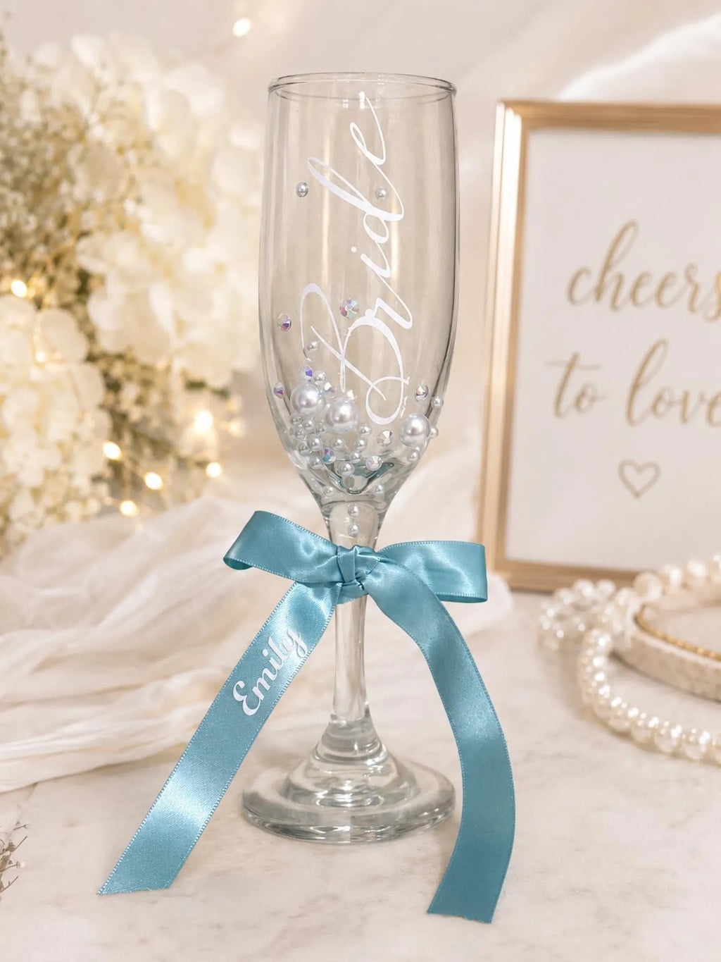 Bride Champagne Glass Custom Bride Gift Bridal Shower Personalized Engagement Flute Rhinestone Pearl Decorated Drinkware Wedding Celebration