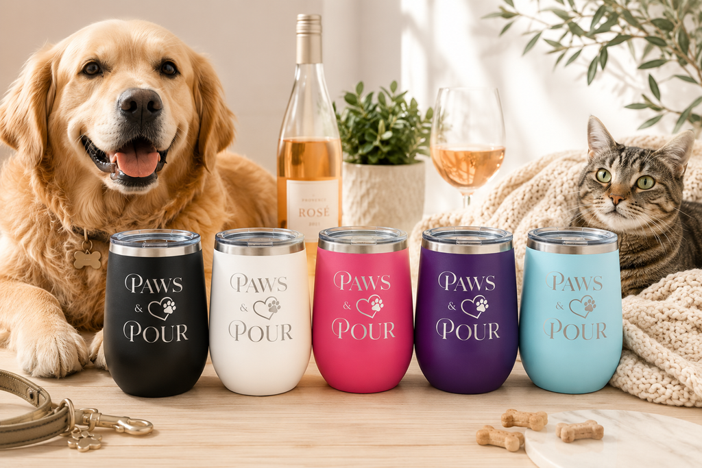 Dog Mom Wine Tumbler | Paws & Pour Stemless Wine Cup | Custom Pet Lover Gift | Dog Owner Travel Tumbler  12 oz