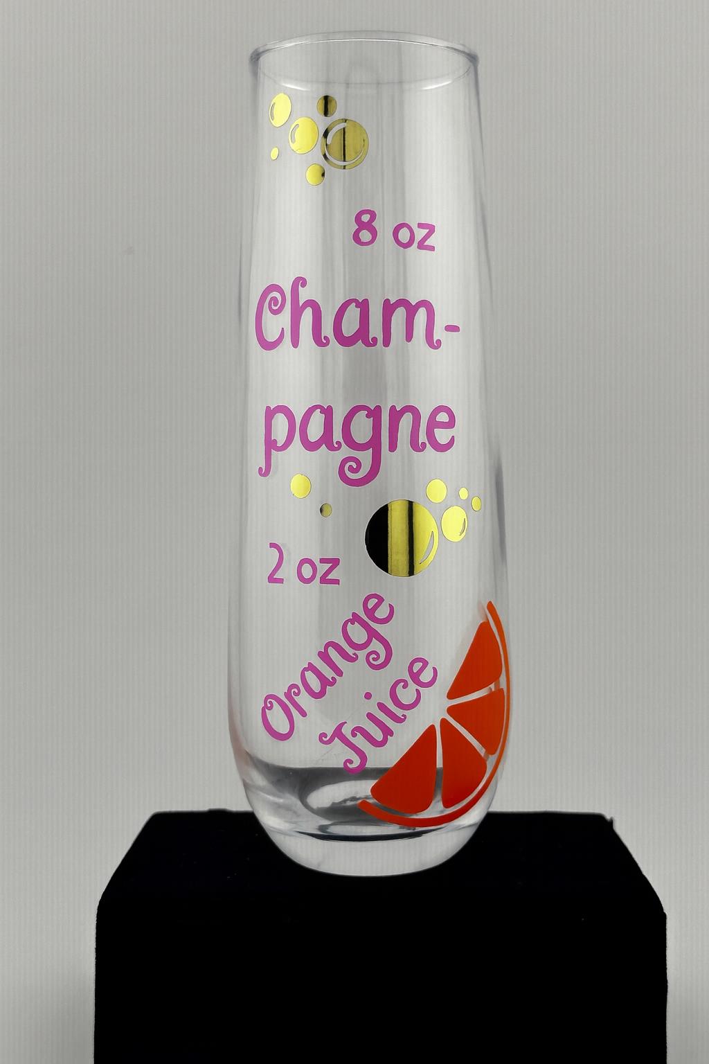 Mimosa Recipe Glass Stemless Champagne Flute Brunch Gift Hostess Party Present Bridal Shower Celebration Drinkware Kitchen Barware Unique