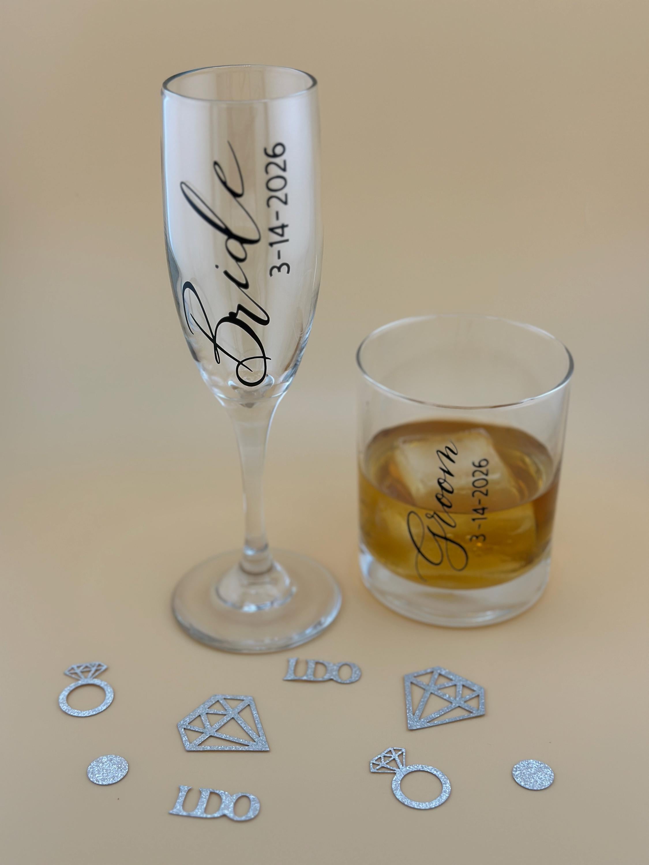 Bride Groom Gift Personalized Wedding Keepsake Champagne Flute Engraved Whiskey Tumbler Rocks Glass Set Couple Toasting Celebration