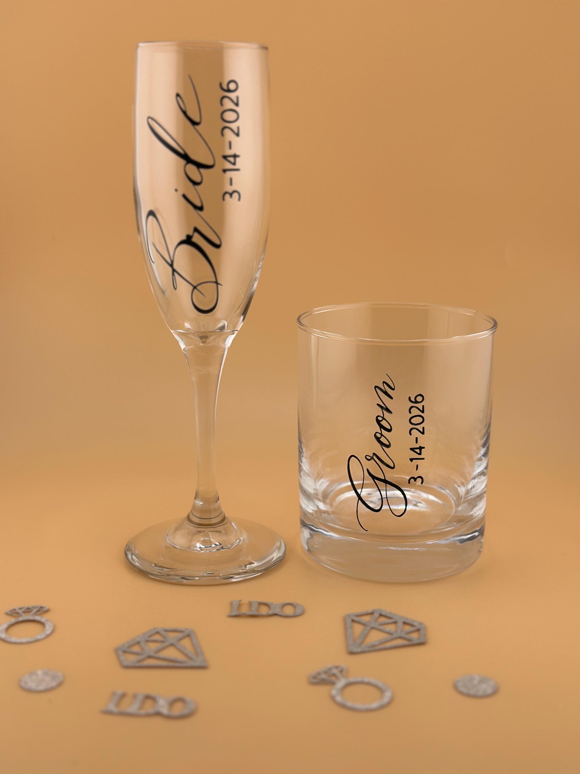 Bride Groom Gift Personalized Wedding Keepsake Champagne Flute Engraved Whiskey Tumbler Rocks Glass Set Couple Toasting Celebration