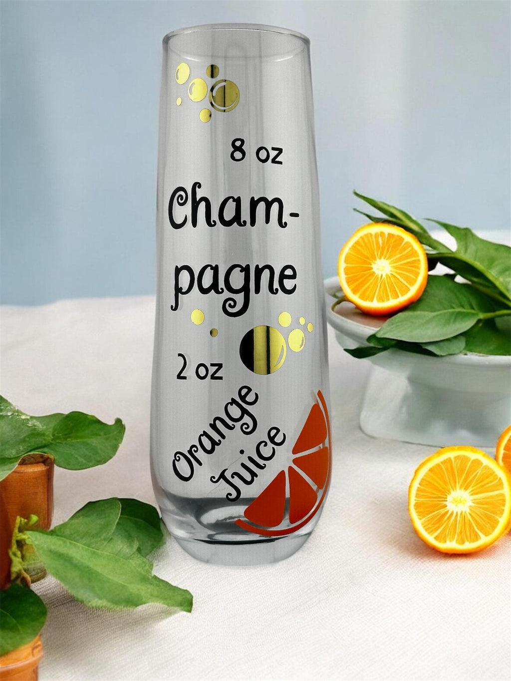 Mimosa Recipe Glass Stemless Champagne Flute Brunch Gift Hostess Party Present Bridal Shower Celebration Drinkware Kitchen Barware Unique