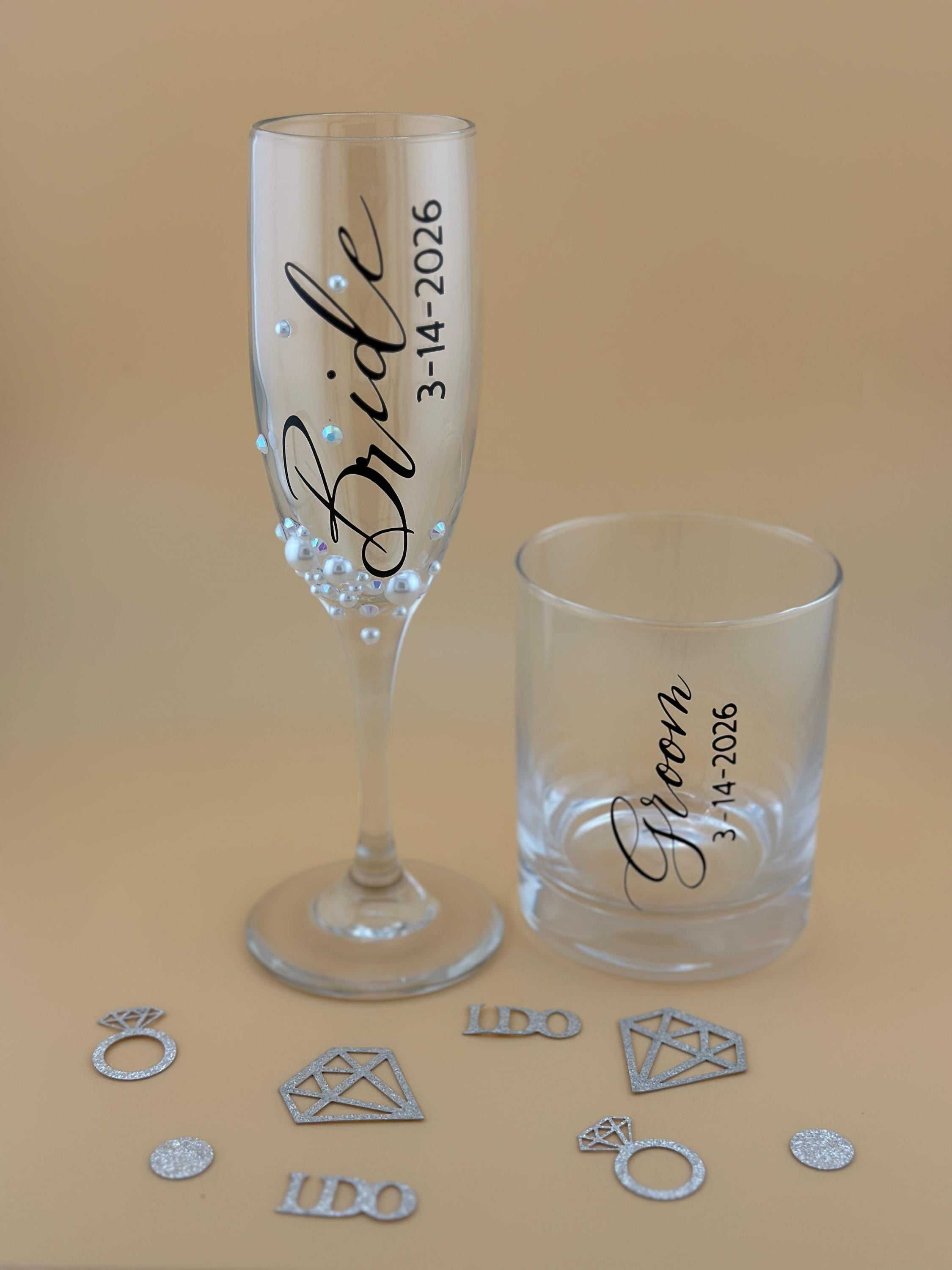 Bride Groom Gift Personalized Wedding Keepsake Champagne Flute Engraved Whiskey Tumbler Rocks Glass Set Couple Toasting Celebration