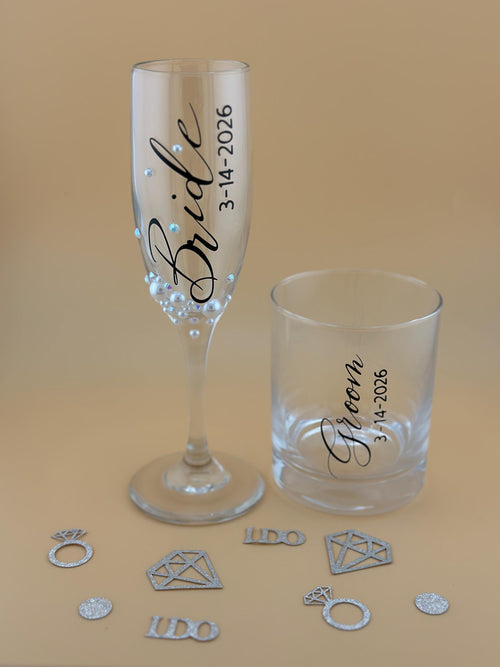 Bride Groom Gift Personalized Wedding Keepsake Champagne Flute Engraved Whiskey Tumbler Rocks Glass Set Couple Toasting Celebration