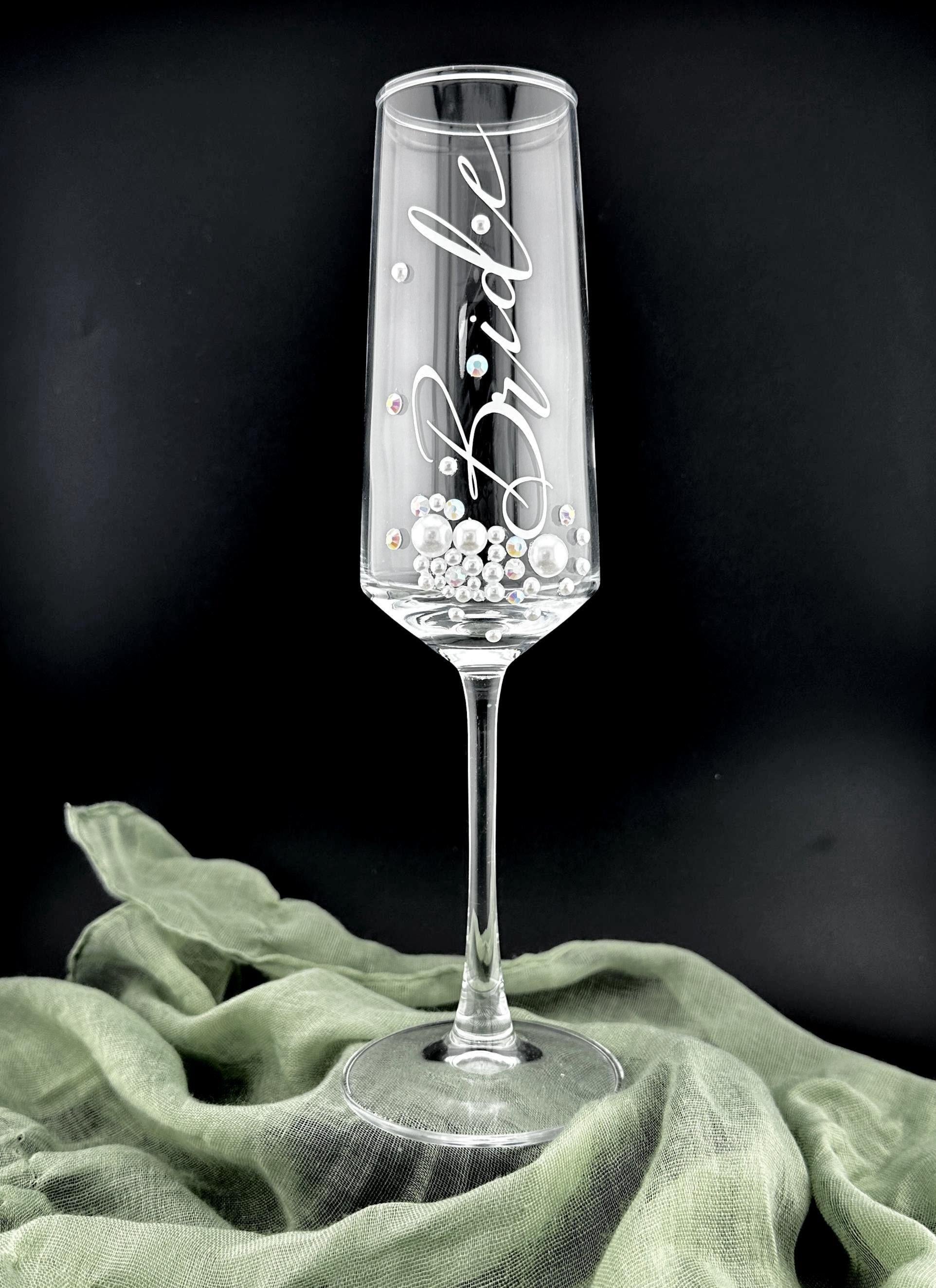 Bride Champagne Flute Custom Engraved Wedding Toast Keepsake Gift Bridal Shower Celebration Glass Rhinestone Pearl Embellished Stemware