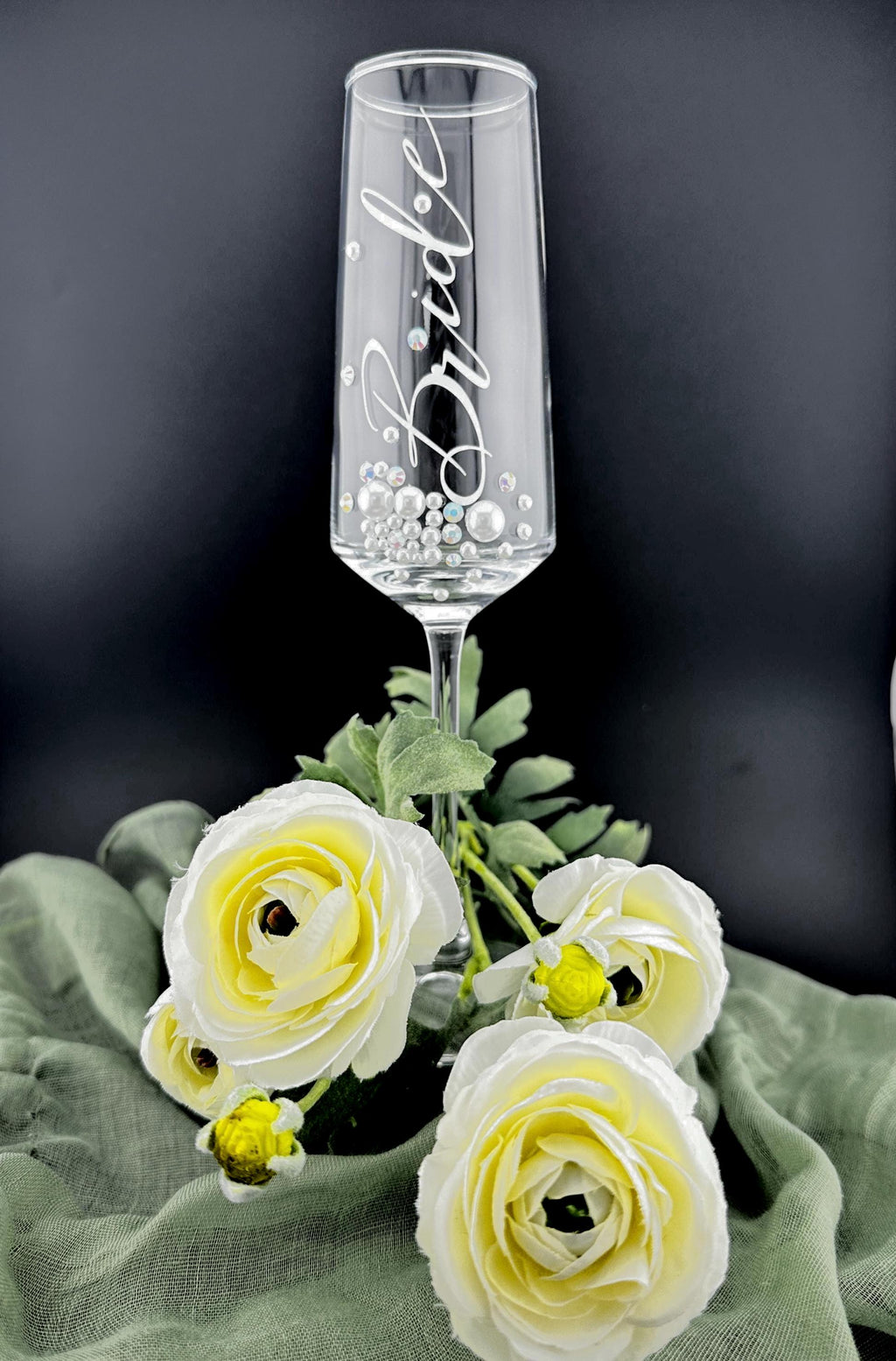 Bride Champagne Flute Custom Engraved Wedding Toast Keepsake Gift Bridal Shower Celebration Glass Rhinestone Pearl Embellished Stemware