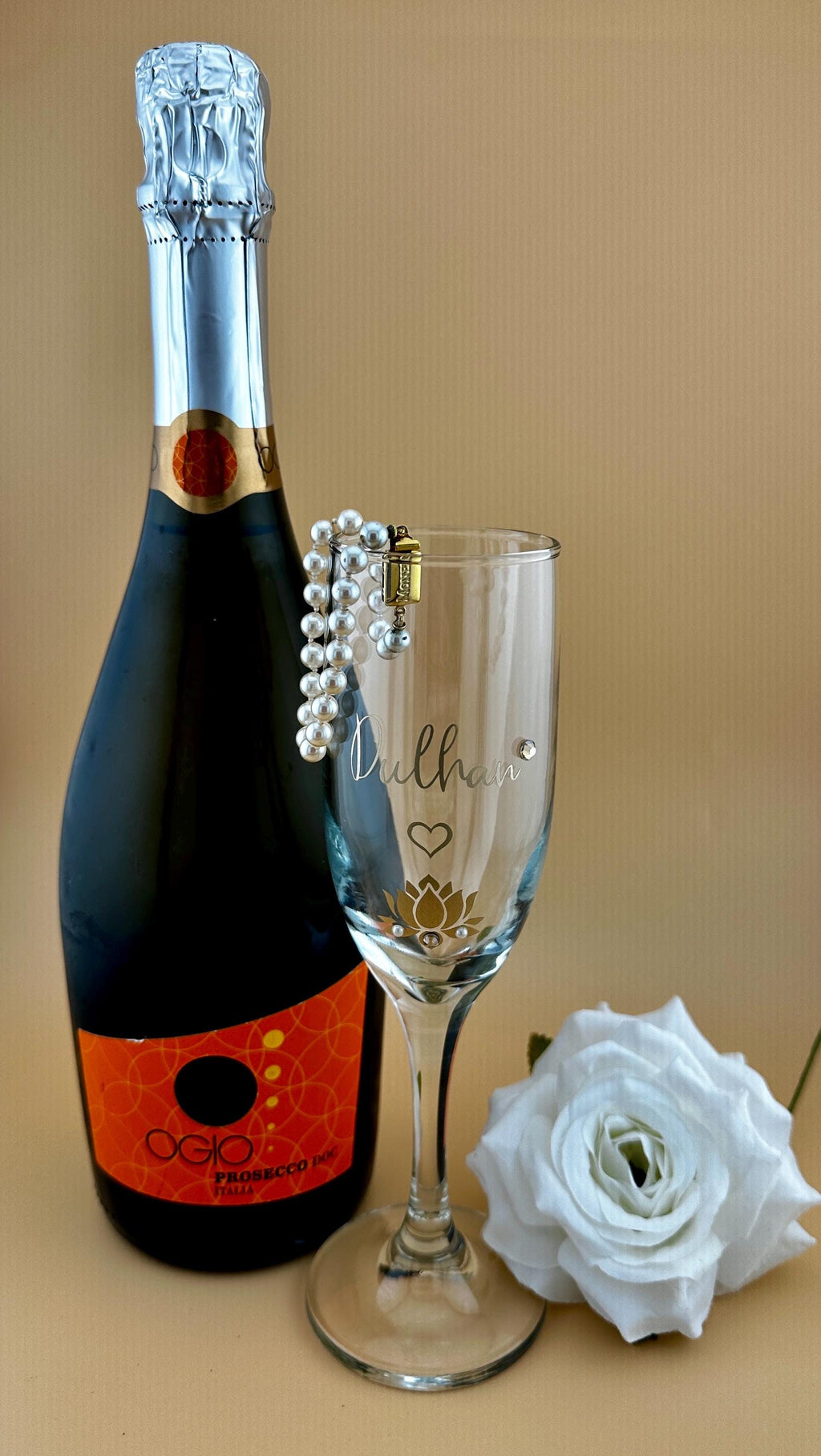 Dulhan Champagne Flute  Gold Lettering, Pearl, Rhinestone Bridal Glass, Indian American Wedding Gift, Indian Wedding Glass