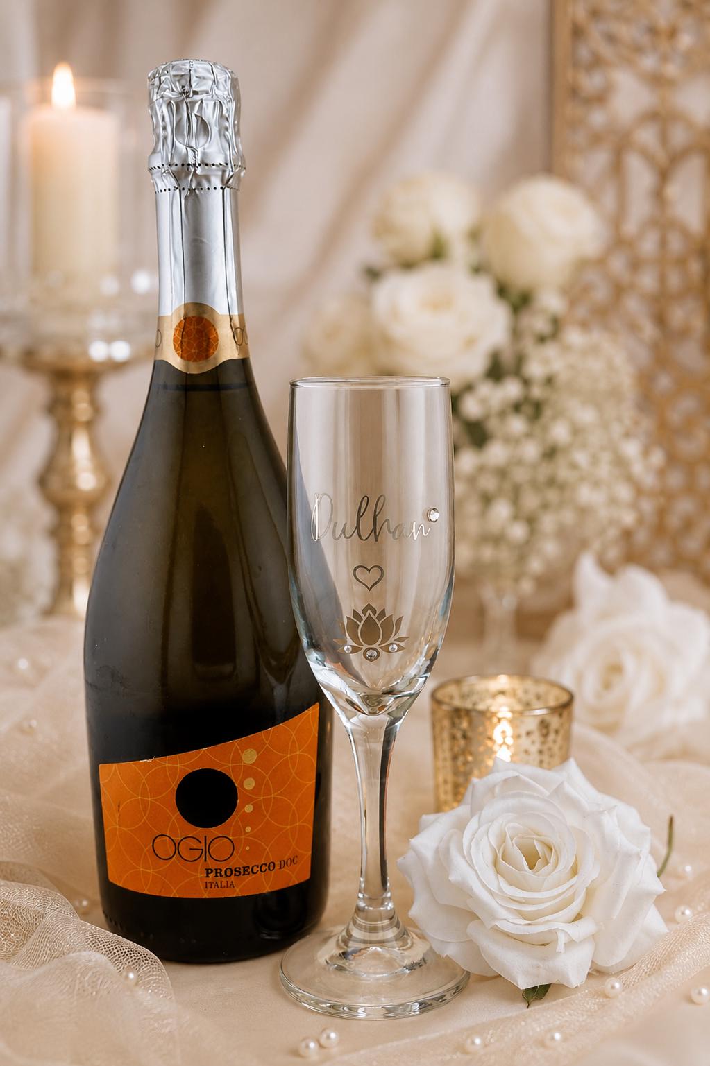 Dulhan Champagne Flute  Gold Lettering, Pearl, Rhinestone Bridal Glass, Indian American Wedding Gift, Indian Wedding Glass