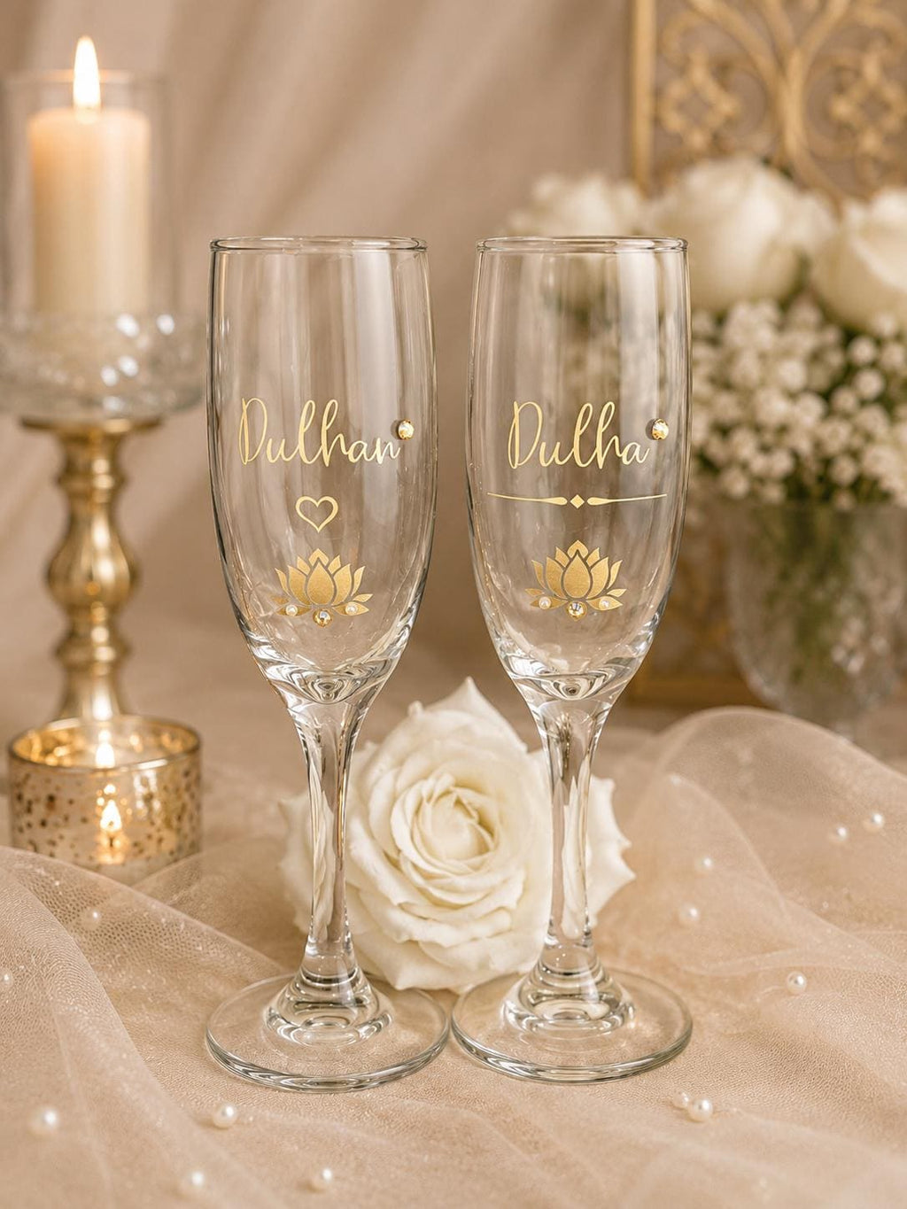Dulhan Dulha Champagne Flutes | Indian Bride Groom Toasting Glasses | Mehndi Wedding Gift Set | Indian American Wedding Gift for Bride