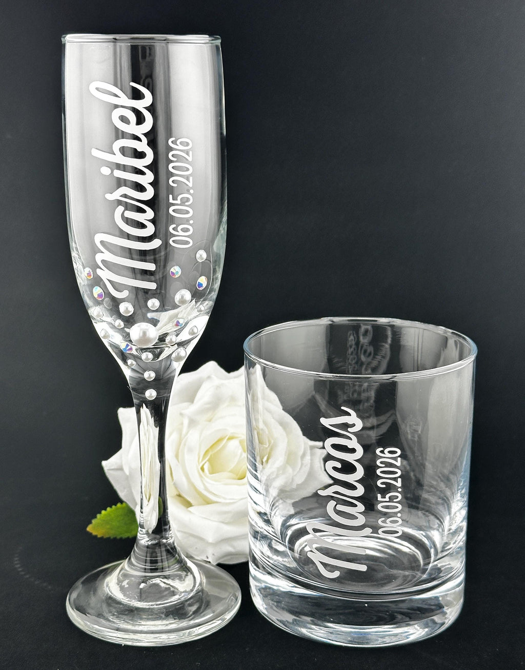 Bride Groom Gift Personalized Wedding Keepsake Champagne Flute Engraved Whiskey Tumbler Rocks Glass Set Couple Toasting Celebration