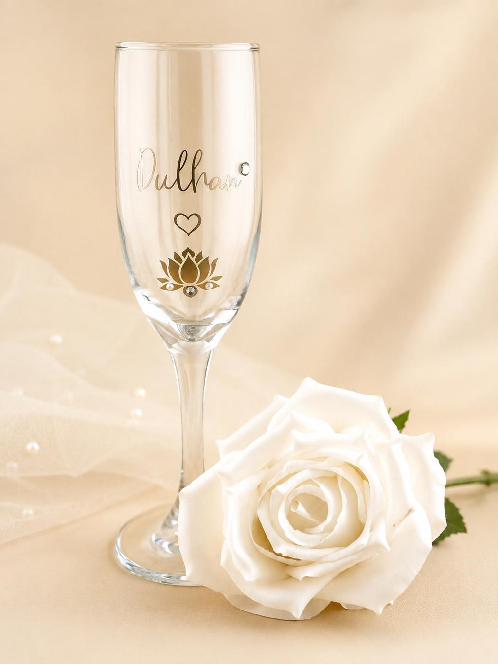 Dulhan Champagne Flute  Gold Lettering, Pearl, Rhinestone Bridal Glass, Indian American Wedding Gift, Indian Wedding Glass