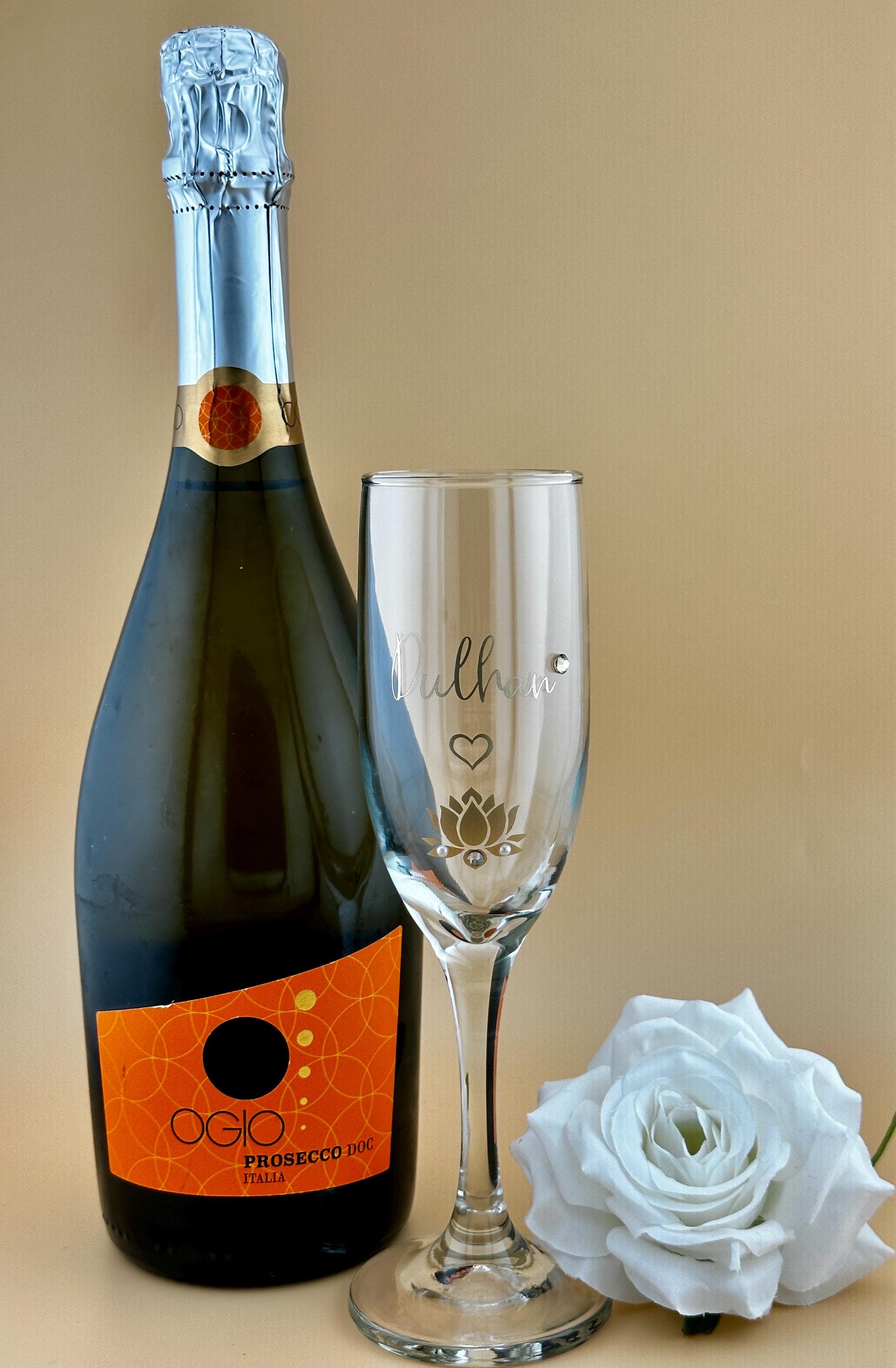 Dulhan Champagne Flute  Gold Lettering, Pearl, Rhinestone Bridal Glass, Indian American Wedding Gift, Indian Wedding Glass