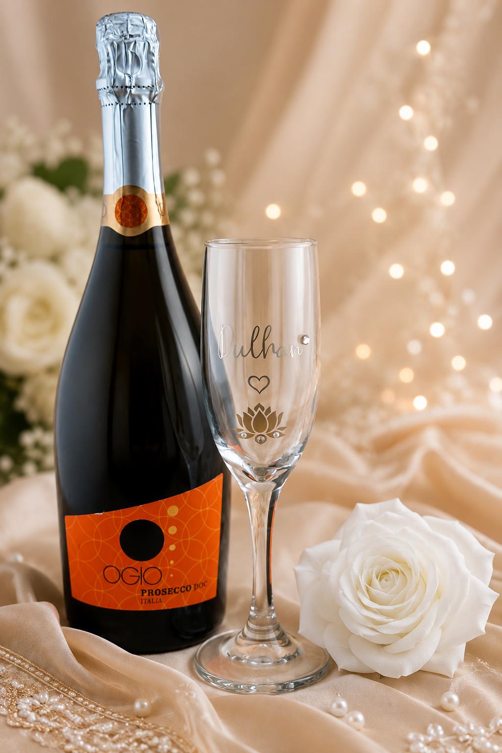 Dulhan Champagne Flute  Gold Lettering, Pearl, Rhinestone Bridal Glass, Indian American Wedding Gift, Indian Wedding Glass