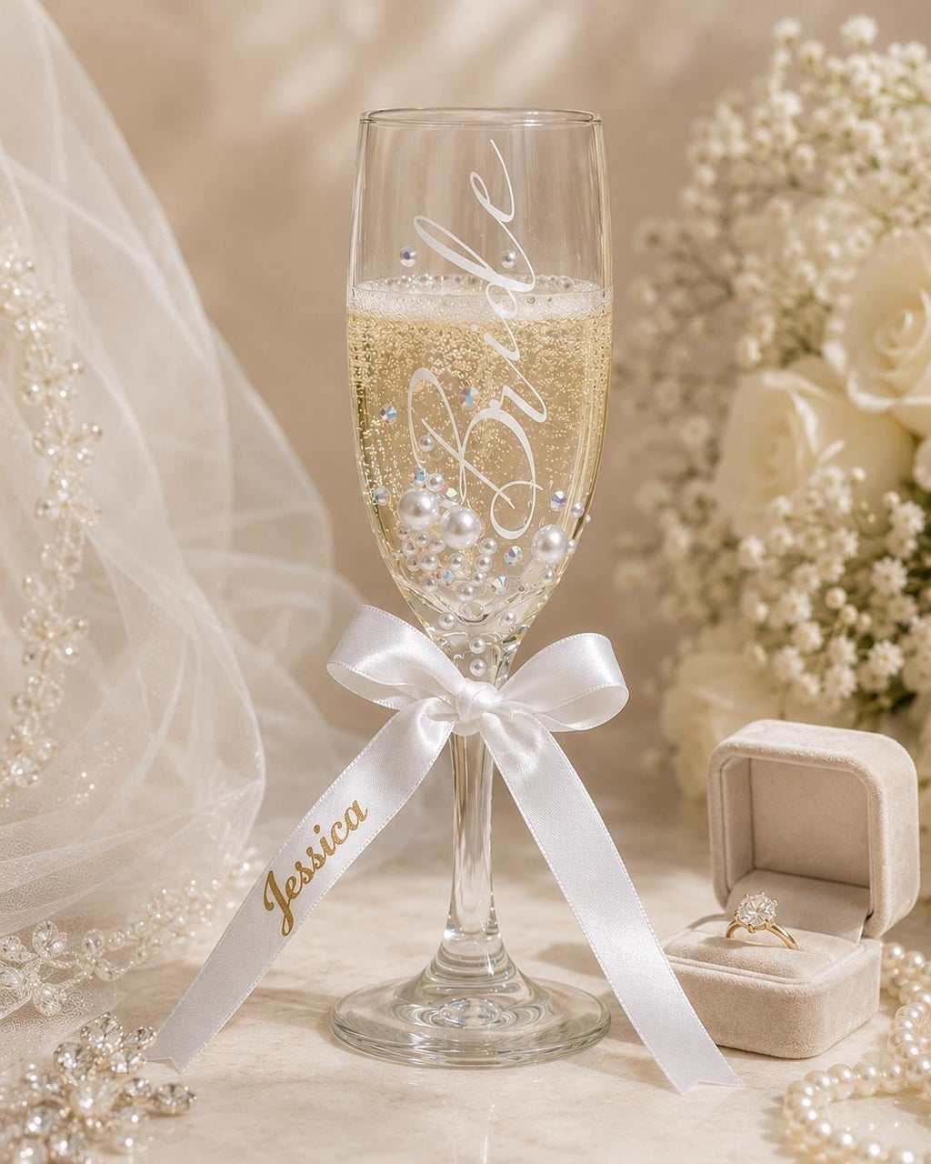 Bride Champagne Glass Custom Bride Gift Bridal Shower Personalized Engagement Flute Rhinestone Pearl Decorated Drinkware Wedding Celebration