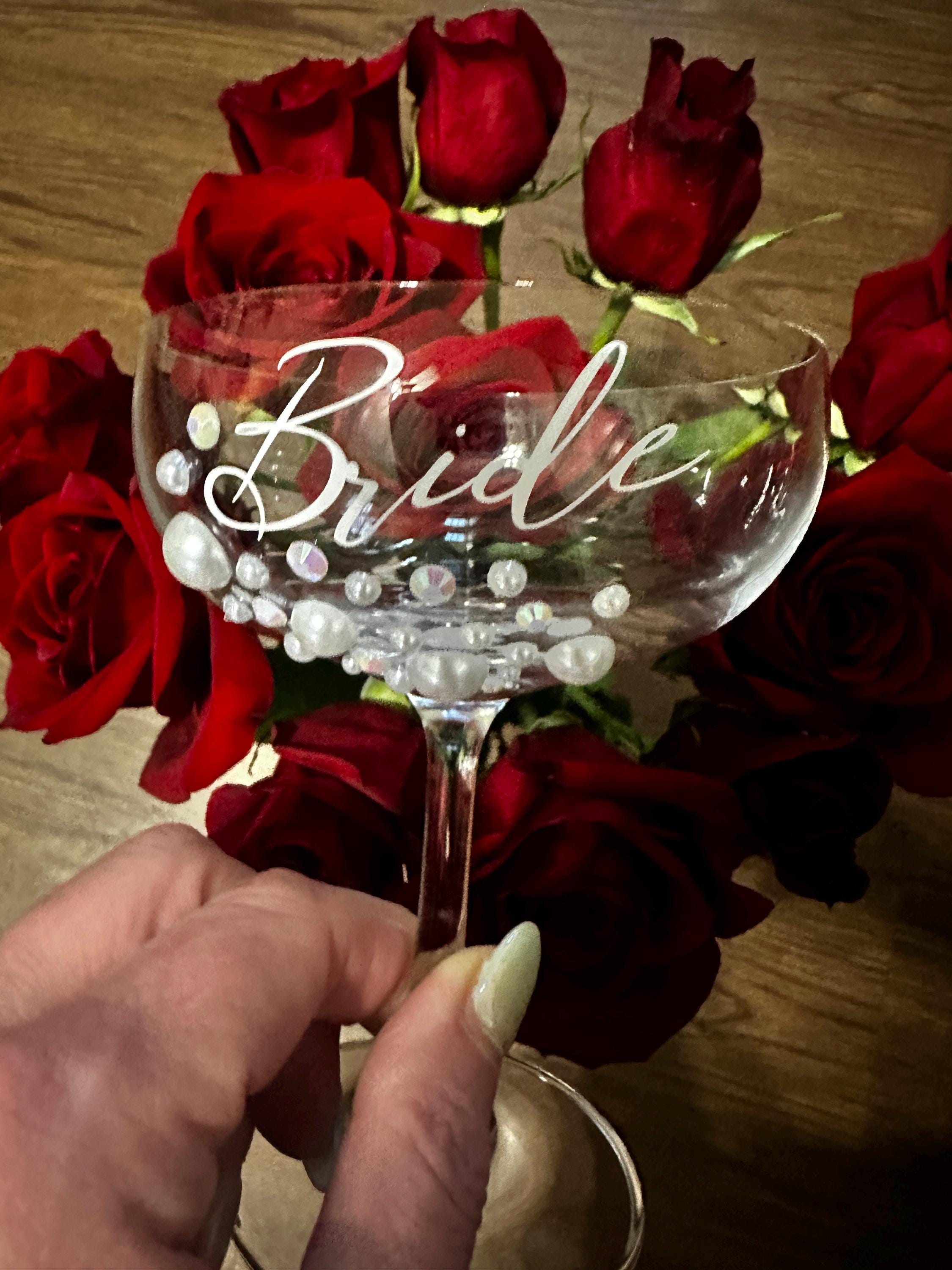 Bride Champagne Glass Wedding Gift Engagement Party Signature Drink Coupe Bridal Shower Bachelorette Keepsake Martini Pearl Rhinestone