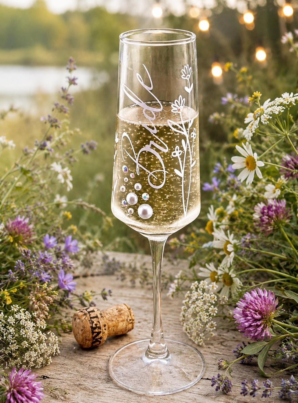 Wildflower Bride Champagne Flute Botanical Bride Glass Wedding Toasting Stemware Pearl Rhinestone Crystal Goblet Garden Wedding Gift Bridal