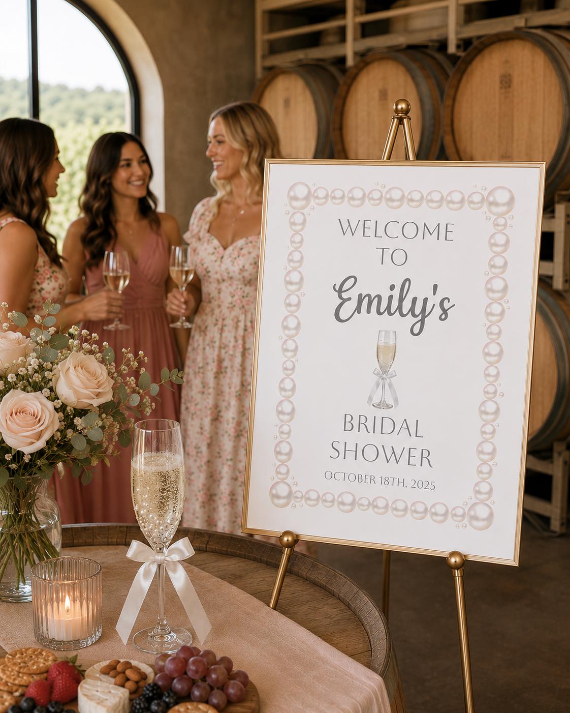 Pearl Bridal Shower Welcome Sign Foam Board Champagne Theme Poster Reception Signage Bride Celebration Backdrop Entrance Display Prosecco