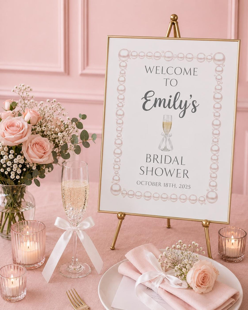 Pearl Bridal Shower Welcome Sign Foam Board Champagne Theme Poster Reception Signage Bride Celebration Backdrop Entrance Display Prosecco
