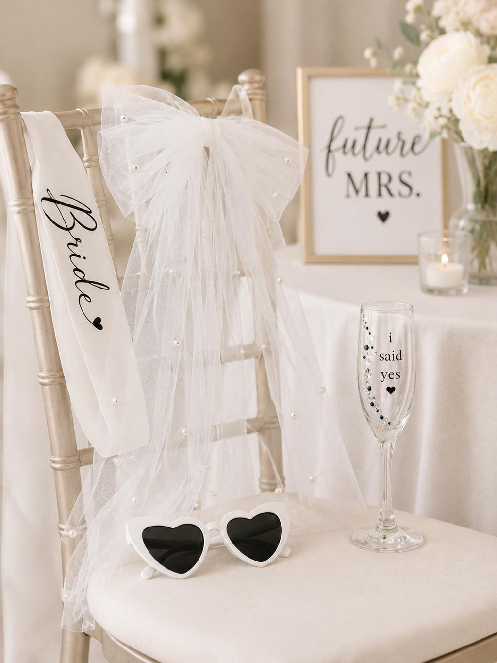 Bride Bow Veil and Sunglasses Heart Shaped Eyewear Bundle Bridal Shower Veil Accessory Set Bachelorette Party Bride Sunglasses Future Mrs