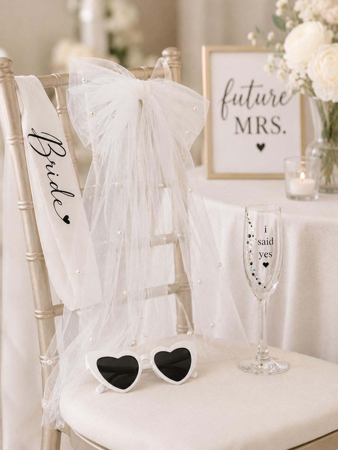 Bride Bow Veil and Sunglasses Heart Shaped Eyewear Bundle Bridal Shower Veil Accessory Set Bachelorette Party Bride Sunglasses Future Mrs