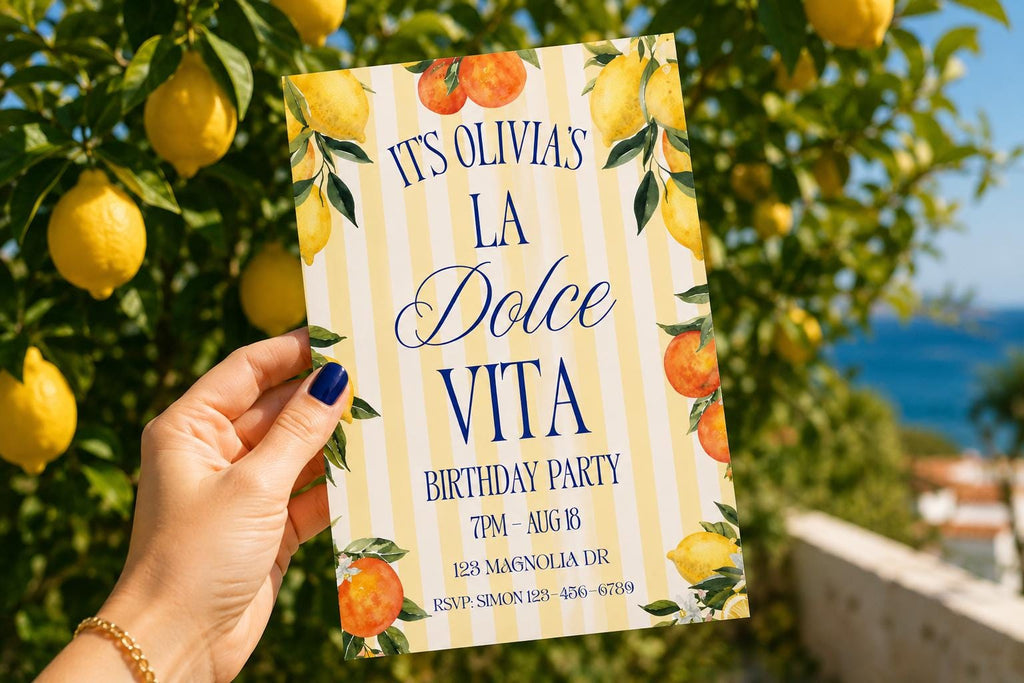 Italian Birthday Invitation Lemon Party Citrus Themed Celebration Printable Card Template Digital Download La Dolce Vita Watercolor