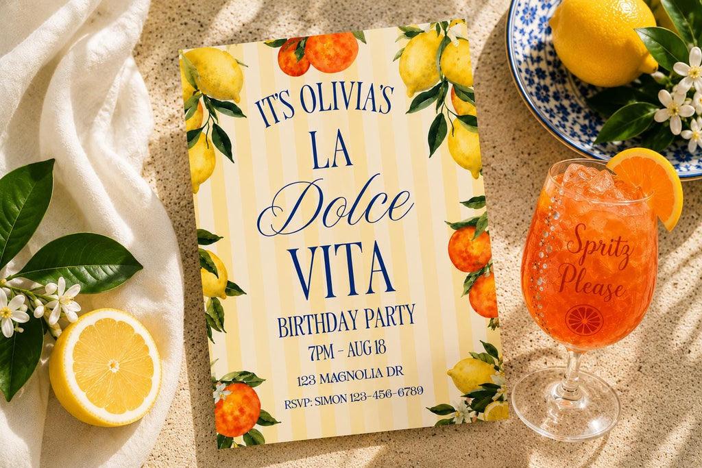 Italian Birthday Invitation Lemon Party Citrus Themed Celebration Printable Card Template Digital Download La Dolce Vita Watercolor