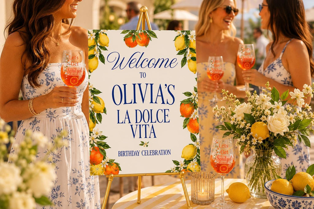 Citrus Birthday Sign Welcome Celebration La Dolce Vita Party Entrance Poster Printable Download Italian Theme Lemon Orange Watercolor Design